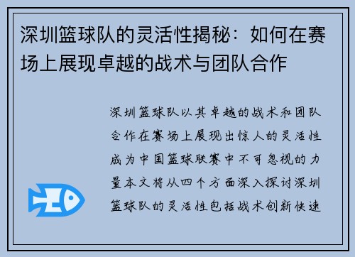 深圳篮球队的灵活性揭秘：如何在赛场上展现卓越的战术与团队合作